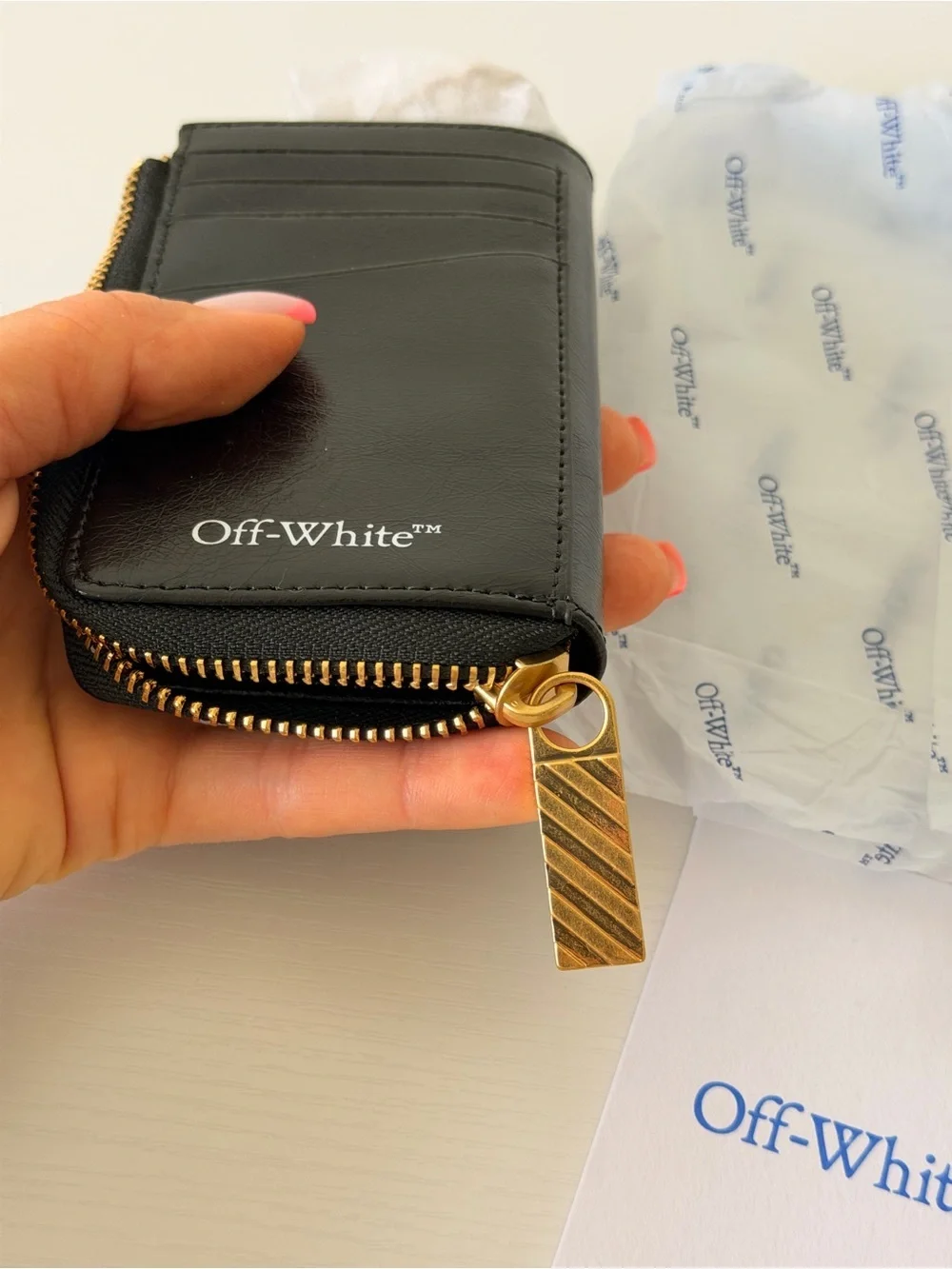 New Off-White Black Keychain Wallet, Leather Zip Card Pouch with Gold Zipper